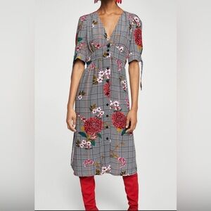 MANGO Floral Print Short Sleeve Button Down V-Neck Midi Dress
